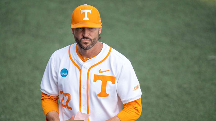 Tennessee baseball coach Tony Vitello goes to the dugout after the officials meeting for the NCAA college baseball Knoxville Regional final against Wake Forest on June 2, 2025, in Knoxville, Tenn.