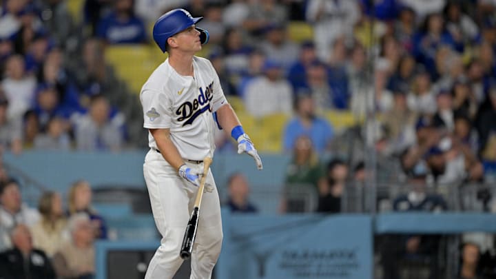 Mar 28, 2026; Los Angeles, California, USA; Los Angeles Dodgers catcher Will Smith (16) hits a two-run home run during the eighth inning against the Arizona Diamondbacks at Dodger Stadium. Mandatory Credit: Jayne Kamin-Oncea-Imagn Images