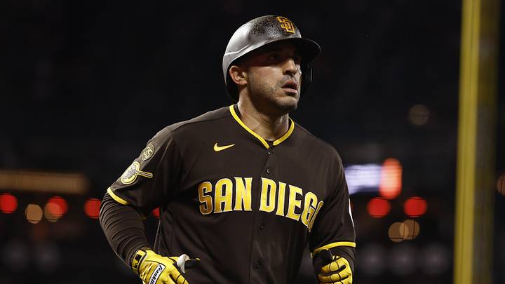 May 4, 2026; San Francisco, California, USA; San Diego Padres left fielder Ramon Laureano (5) after hitting a solo home run against the San Francisco Giants during the ninth inning at Oracle Park. Mandatory Credit: Kelley L Cox-Imagn Images