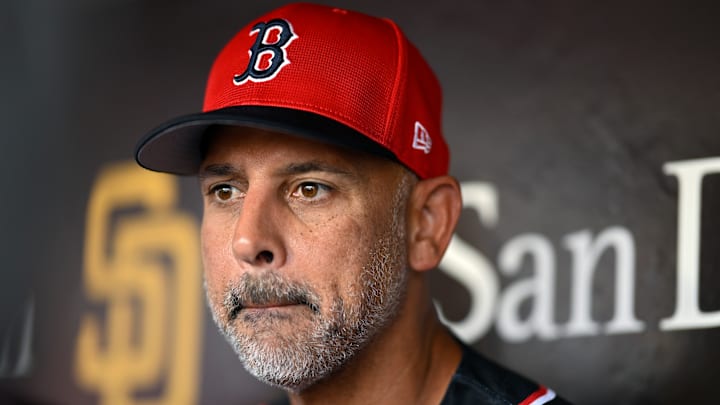 Boston Red Sox manager Alex Cora watches a game against the San Diego Padres.