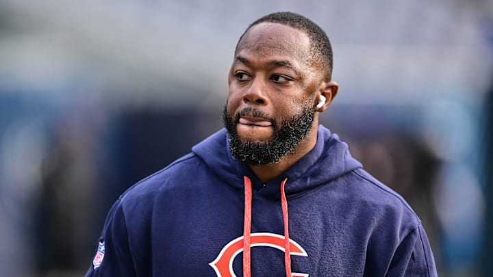 Nov 17, 2024; Chicago, Illinois, USA; Chicago Bears offensive coordinator Thomas Brown looks on before the game against the Green Bay Packers at Soldier Field. Mandatory Credit: Daniel Bartel-Imagn Images