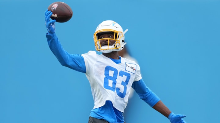 May 12, 2023; Costa Mesa, CA, USA; Los Angeles Chargers receiver Pokey Wilson (83) catches the ball during rookie minicamp at Hoag Performance Center. Mandatory Credit: Kirby Lee-Imagn Images May 12, 2023; Costa Mesa, CA, USA; Los Angeles Chargers receiver Pokey Wilson (83) catches the ball during rookie minicamp at Hoag Performance Center. Mandatory Credit: Kirby Lee-Imagn Images