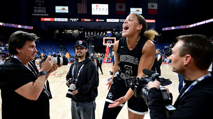 Sierra Canyon's Jerzy Robinson celebrates winning the CIF Southern Section Open Division after beating Ontario Christian 69-62 on Feb. 28, 2026 at the Toyota Arena in Ontario, Calif.