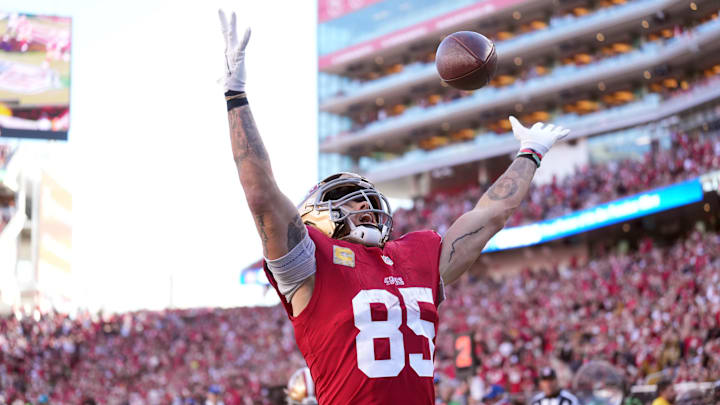 Nov 19, 2023; Santa Clara, California, USA; San Francisco 49ers tight end George Kittle (85) celebrates after scoring a touchdown against the Tampa Bay Buccaneers during the third quarter at Levi's Stadium. Mandatory Credit: Darren Yamashita-Imagn Images Nov 19, 2023; Santa Clara, California, USA; San Francisco 49ers tight end George Kittle (85) celebrates after scoring a touchdown against the Tampa Bay Buccaneers during the third quarter at Levi's Stadium. Mandatory Credit: Darren Yamashita-Imagn Images