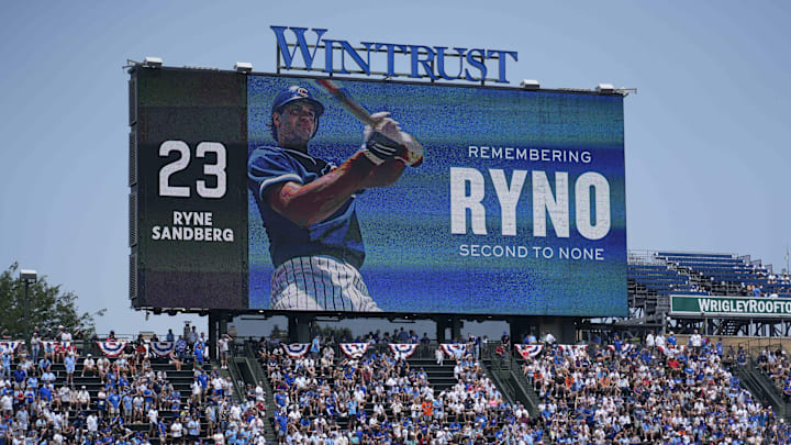 Aug 1, 2025; Chicago, Illinois, USA; The Chicago Cubs honor second baseman Ryne Sandberg (23) 