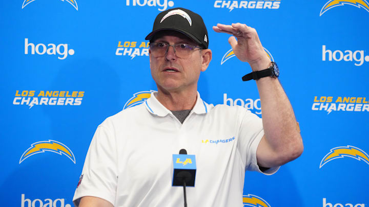 Apr 2, 2024; Costa Mesa, CA, USA; Los Angeles Chargers coach Jim Harbaugh speaks at press conference