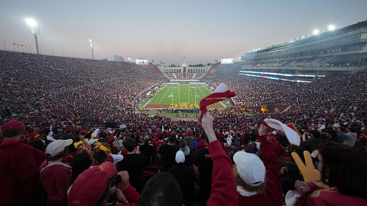 Nov 29, 2025; Los Angeles, California, USA; A general overall views of the game between the UCLA Bruins and the Southern California Trojans at the United Airlines Field at Los Angeles Memorial Coliseum. Mandatory Credit: Kirby Lee-Imagn Images Nov 29, 2025; Los Angeles, California, USA; A general overall views of the game between the UCLA Bruins and the Southern California Trojans at the United Airlines Field at Los Angeles Memorial Coliseum. Mandatory Credit: Kirby Lee-Imagn Images