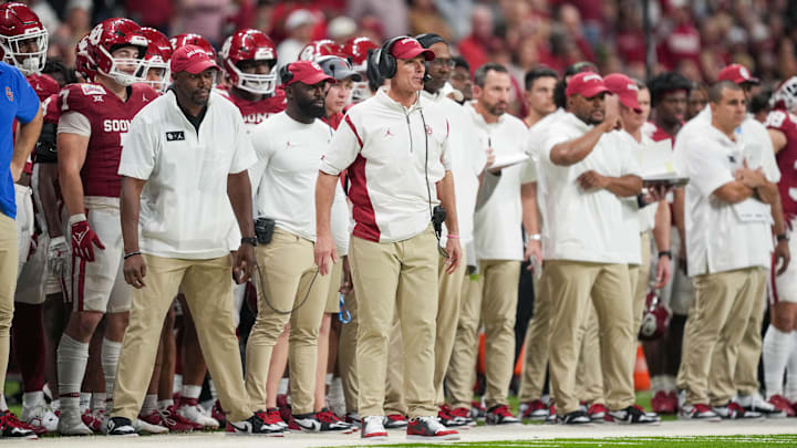 Dec 28, 2023; San Antonio, TX, USA; Oklahoma Sooners head coach Brent Venables looks on in the second half against the Arizona Wildcats at Alamodome. Mandatory Credit: Daniel Dunn-USA TODAY Sports