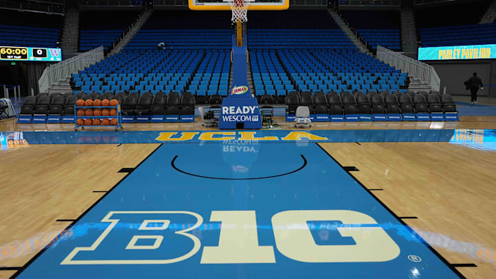Dec 3, 2024; Los Angeles, California, USA; The Big Ten Confernce B1G logo on the court at Pauley Pavilion presented by Wescom. Mandatory Credit: Kirby Lee-Imagn Images