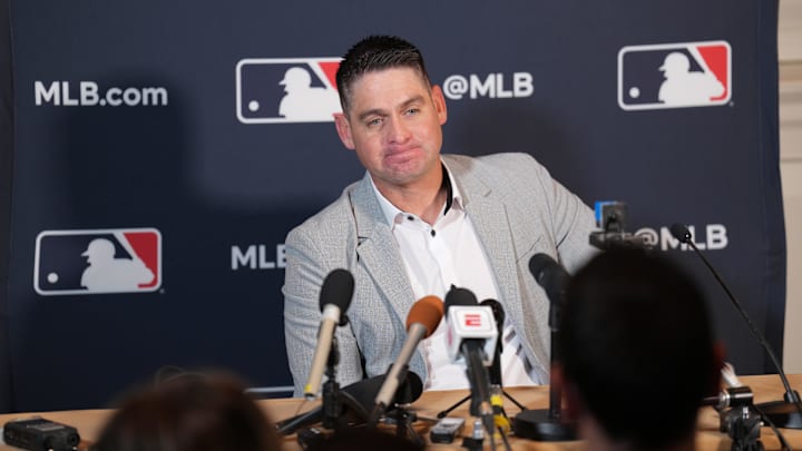 Dec 4, 2023; Nashville, TN, USA;  New York Mets manager Carlos Mendoza answers questions