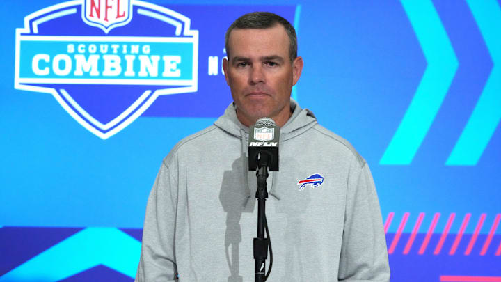 Feb 27, 2024; Indianapolis, IN, USA; Buffalo Bills general manager Brandon Beane speaks during a