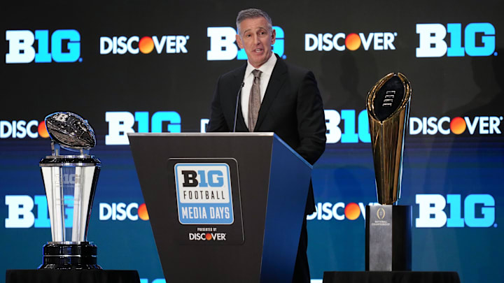 Jul 22, 2025; Las Vegas, NV, USA; Big Ten commissioner Tony Petitti speaks to the media during the Big Ten NCAA college football media days at Mandalay Bay Resort. Mandatory Credit: Lucas Peltier-Imagn Images