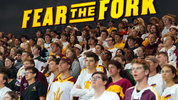 Oct 3, 2025; Tempe, AZ, USA; Arizona State Sun Devils fans look on against the Penn State Nittany Lions during the second period at Mullett Arena. 