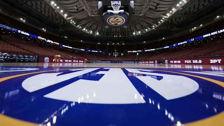 Mar 4, 2023; Greenville, SC, USA; General view of the SEC logos on the floor and scoreboard at Bon