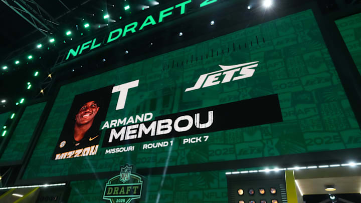Apr 24, 2025; Green Bay, WI, USA; Missouri Tigers tackle Armand Membou is selected as the No.. 7 pick by the New York Jets during the NFL Draft at Lambeau Field. Mandatory Credit: Kirby Lee-Imagn Images
