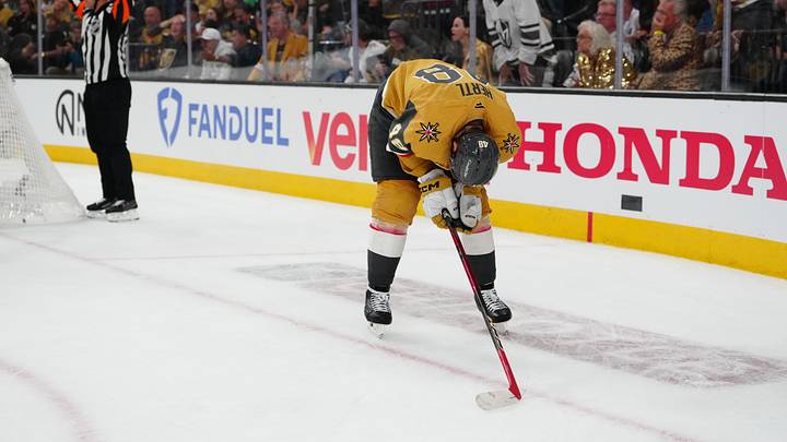 Jun 14, 2026; Las Vegas, Nevada, USA; Vegas Golden Knights center Tomas Hertl (48) reacts during the third period against the Carolina Hurricanes in game six of the 2026 Stanley Cup Final at T-Mobile Arena. Mandatory Credit: Stephen R. Sylvanie-Imagn Images