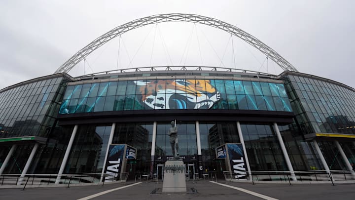 Oct 1, 2023; London, United Kingdom; The Jacksonville Jaguars logo on the Wembley Stadium facade during an NFL International Series game. Mandatory Credit: Kirby Lee-Imagn Images