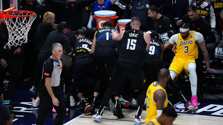 Apr 22, 2024; Denver, Colorado, USA; Members of the Denver Nuggets celebrate 