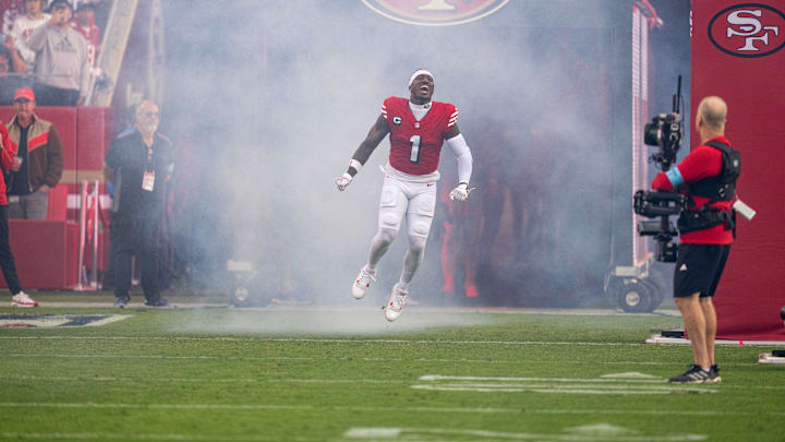 Oct 27, 2024; Santa Clara, California, USA; San Francisco 49ers wide receiver Deebo Samuel Sr. (1) comes out of the tunnel before the start of the game against the Dallas Cowboys at Levi's Stadium. Mandatory Credit: Neville E. Guard-Imagn Images