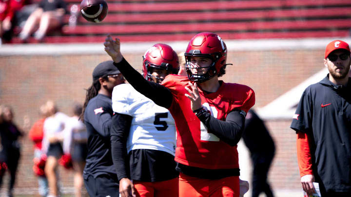 Cincinnati Bearcats quarterback Brendan Sorsby (2) throws a pass during the University of Cincinnati annual Red and Black Spring football game and practice at Nippert Stadium in Cincinnati on Saturday, April 13, 2024. Cincinnati Bearcats quarterback Brendan Sorsby (2) throws a pass during the University of Cincinnati annual Red and Black Spring football game and practice at Nippert Stadium in Cincinnati on Saturday, April 13, 2024.