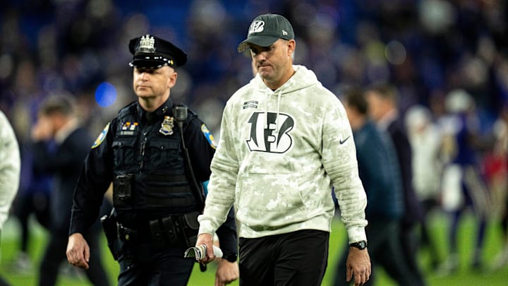 Cincinnati Bengals head coach Zac Taylor walks pff the field after the NFL game at M&T Banks Stadium in Baltimore on Thursday, Nov. 7, 2024.