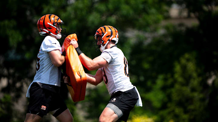 Cincinnati Bengals tight end Drew Sample (89), left, practices blocking with Cincinnati Bengals tight end Cam Grandy (85) at the Bengals NFL practice in Cincinnati on Tuesday, June 4, 2024. Cincinnati Bengals tight end Drew Sample (89), left, practices blocking with Cincinnati Bengals tight end Cam Grandy (85) at the Bengals NFL practice in Cincinnati on Tuesday, June 4, 2024.