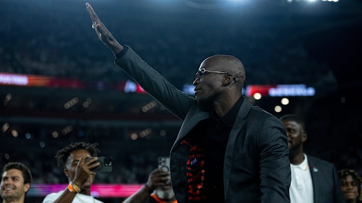 Chad Johnson waives after being announced as as being a Bengals Ring of Champions inductee at halftime of the NFL game between the Cincinnati Bengals and Los Angeles Rams at Paycor Stadium in Cincinnati on Monday, Sept. 25, 2023.