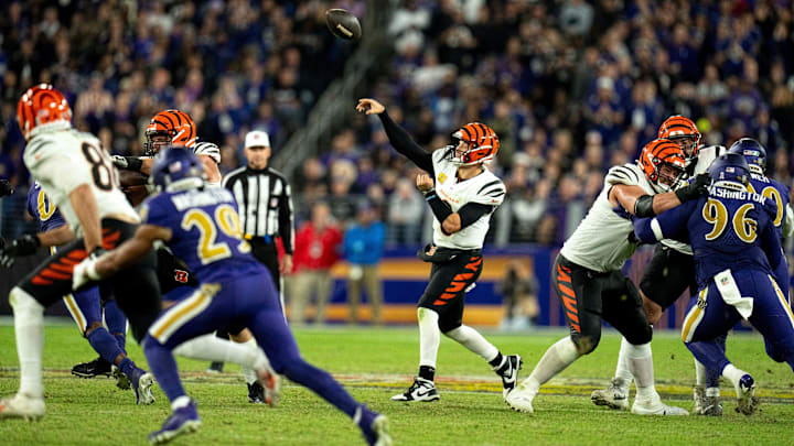 Cincinnati Bengals quarterback Joe Burrow (9) throws a pass in the fourth quarter of the NFL game at M&T Banks Stadium in Baltimore on Thursday, Nov. 7, 2024.