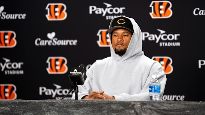 Bengals safety Bryan Cook speaks to the media during a press conference at Paycor Stadium in Cincinnati on Thursday, March 12, 2026.