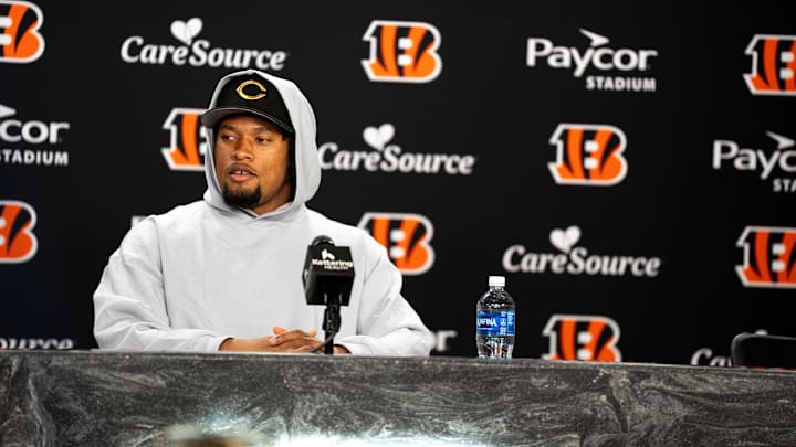 Bengals safety Bryan Cook speaks to the media during a press conference at Paycor Stadium in Cincinnati on Thursday, March 12, 2026.