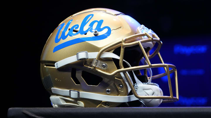 Jul 29, 2022; Los Angeles, CA, USA; A detailed view of UCLA Bruins helmet during Pac-12 Media Day at Novo Theater. Mandatory Credit: Kirby Lee-Imagn Images