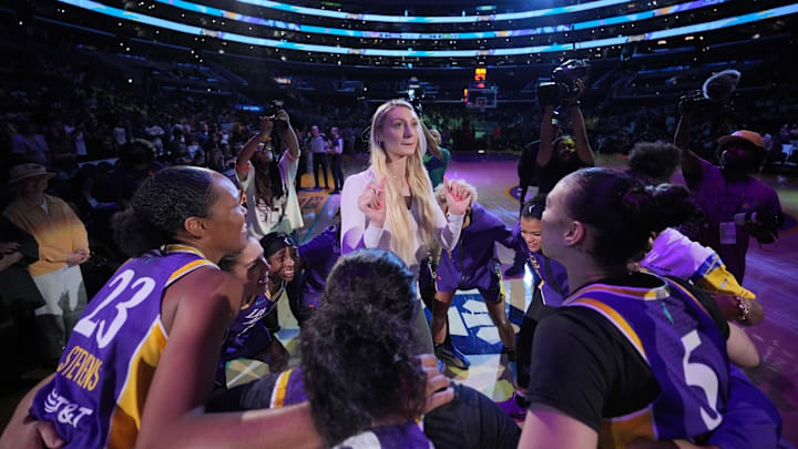 Jul 16, 2024; Los Angeles, California, USA; LA Sparks players huddle around forward Cameron Brink during the game against the Seattle Storm at Crypto.com Arena. Mandatory Credit: Kirby Lee-Imagn Images Jul 16, 2024; Los Angeles, California, USA; LA Sparks players huddle around forward Cameron Brink during the game against the Seattle Storm at Crypto.com Arena. Mandatory Credit: Kirby Lee-Imagn Images