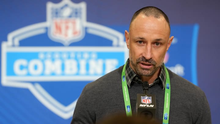Miami Dolphins general manager Jon-Eric Sullivan speaks at the 2026 NFL Scouting Combine at the Indiana Convention Center.