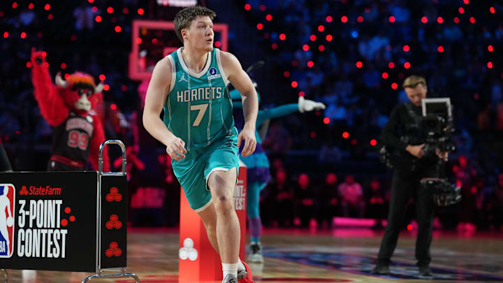 Feb 14, 2026; Los Angeles, CA, USA; Charlotte Hornets forward Kon Knueppel (7) competes in the three point contest during the 2026 NBA All Star Saturday Night at Intuit Dome. Mandatory Credit: Kirby Lee-Imagn Images Feb 14, 2026; Los Angeles, CA, USA; Charlotte Hornets forward Kon Knueppel (7) competes in the three point contest during the 2026 NBA All Star Saturday Night at Intuit Dome. Mandatory Credit: Kirby Lee-Imagn Images