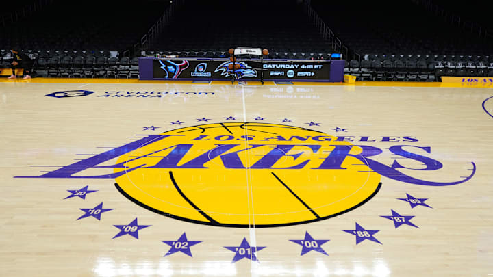 Jan 17, 2024; Los Angeles, California, USA; The Los Angeles Lakers logo at center court at the Crypto.com Arena. Mandatory Credit: Kirby Lee-Imagn Images