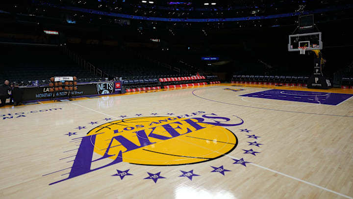 Jan 25, 2023; Los Angeles, California, USA; The Los Angeles Lakers logo at center court at Crypto.com Arena. Mandatory Credit: Kirby Lee-Imagn Images