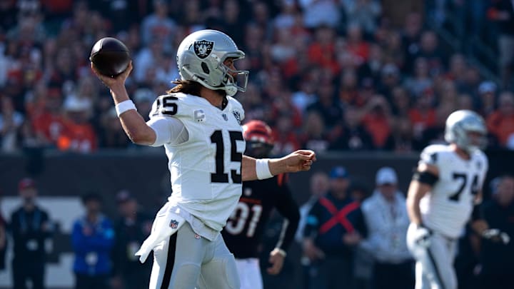 Las Vegas Raiders quarterback Gardner Minshew II (15) throws a pass in the first quarter of the NFL game at Paycor Stadium in Cincinnati on Sunday, Nov. 3, 2024. Las Vegas Raiders quarterback Gardner Minshew II (15) throws a pass in the first quarter of the NFL game at Paycor Stadium in Cincinnati on Sunday, Nov. 3, 2024.