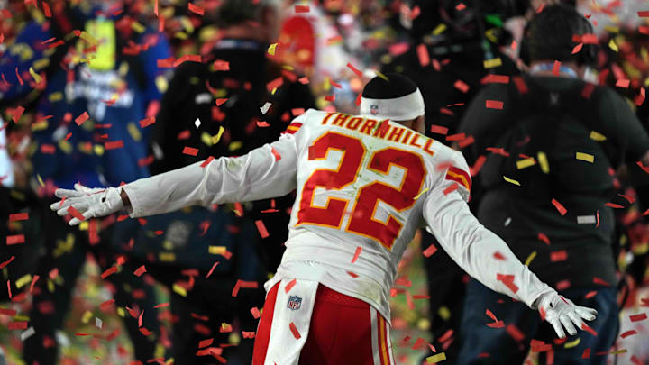 Feb 12, 2023; Glendale, Arizona, US; Kansas City Chiefs safety Juan Thornhill (22) during Super Bowl LVII against the Philadelphia Eagles at State Farm Stadium. Mandatory Credit: Joe Camporeale-Imagn Images