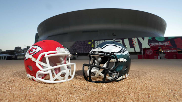Feb 7, 2025; New Orleans, LA, USA; A general overall view of Kansas City Chiefs and Philadelphia Eagles helmets at the Caesars Superdome, the site of the Super Bowl LIX between the Kansas City Chiefs and the Philadelphia Eagles. Mandatory Credit: Kirby Lee-Imagn Images