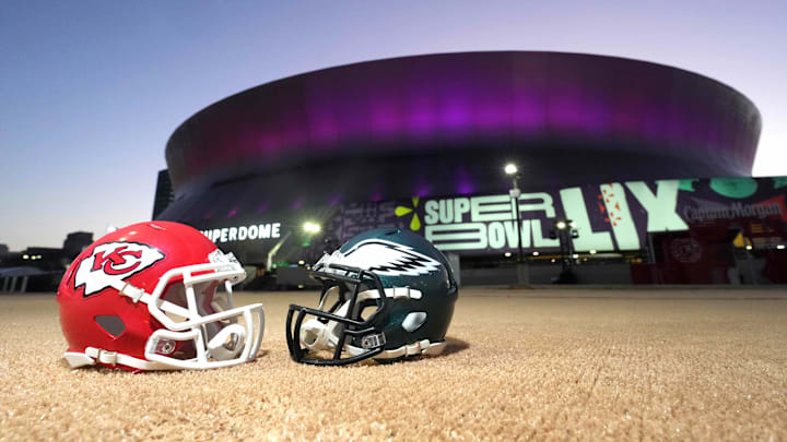 Feb 7, 2025; New Orleans, LA, USA; A general overall view of Kansas City Chiefs and Philadelphia Eagles helmets at the Caesars Superdome, the site of the Super Bowl LIX between the Kansas City Chiefs and the Philadelphia Eagles. Mandatory Credit: Kirby Lee-Imagn Images