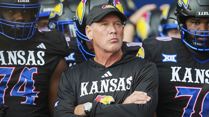 Sep 13, 2024; Kansas City, Kansas, USA; Kansas Jayhawks head coach Lance Leipold gets ready to lead the team onto the field prior to a game against the UNLV Rebels at Children's Mercy Park. Mandatory Credit: Jay Biggerstaff-Imagn Images