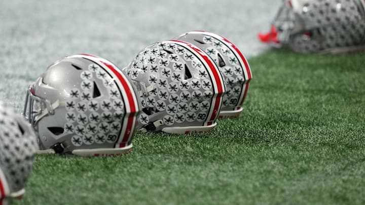 Jan 18, 2025; Atlanta, GA, USA; A Ohio State Buckeyes helmets on the field during practice at Mercedes-Benz Stadium. Mandatory Credit: Kirby Lee-Imagn Images