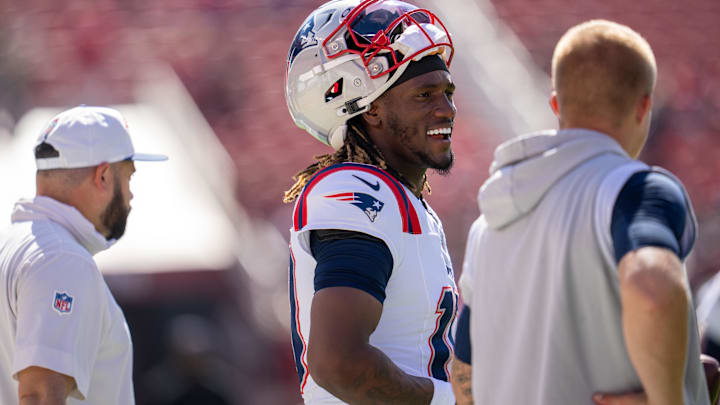 New England Patriots quarterback Joe Milton III during warmups before the start of the game against the San Francisco 49ers.