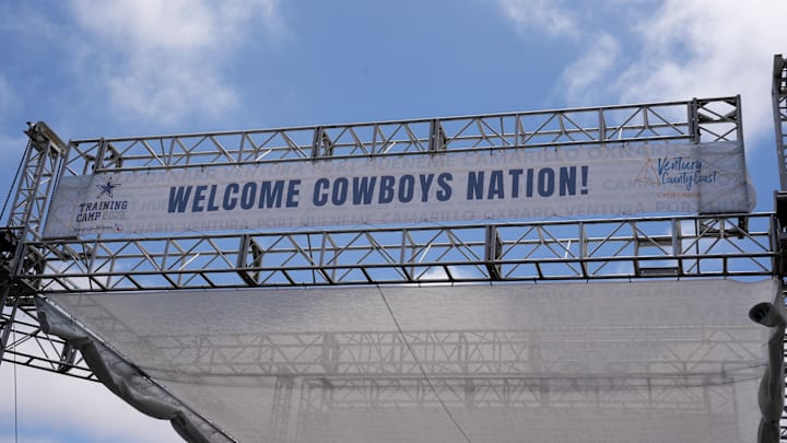 Welcome Cowboys Nation! sign at the entrance to Dallas Cowboys training camp at the River Ridge Fields. 