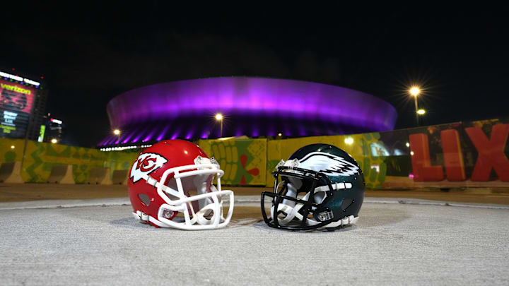Feb 5, 2025; New Orleans, LA, USA; Kansas City Chiefs and Philadelphia Eagles helmets at the Caesars Superdome prior to Super Bowl LIX. Mandatory Credit: Kirby Lee-Imagn Images