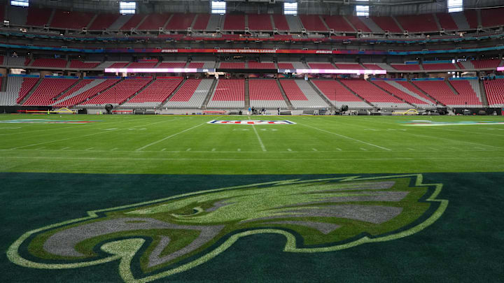 Feb 7, 2023; Phoenix, AZ, USA; The Philadelphia Eagles logo on the field prior to Super Bowl 57 at State Farm Stadium. Mandatory Credit: Kirby Lee-Imagn Images
