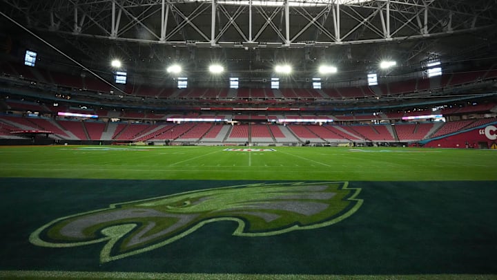 Feb 7, 2023; Phoenix, AZ, USA; The Philadelphia Eagles logo on the field prior to Super Bowl 57 at State Farm Stadium. Mandatory Credit: Kirby Lee-Imagn Images Feb 7, 2023; Phoenix, AZ, USA; The Philadelphia Eagles logo on the field prior to Super Bowl 57 at State Farm Stadium. Mandatory Credit: Kirby Lee-Imagn Images