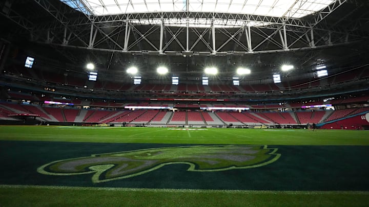Feb 7, 2023; Phoenix, AZ, USA; The Philadelphia Eagles logo on the field prior to Super Bowl 57 at State Farm Stadium. Mandatory Credit: Kirby Lee-Imagn Images