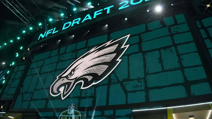 Apr 24, 2025; Green Bay, WI, USA; The Philadelphia Eagles logo is projected on the video board during the NFL Draft at Lambeau Field. Mandatory Credit: Kirby Lee-Imagn Images