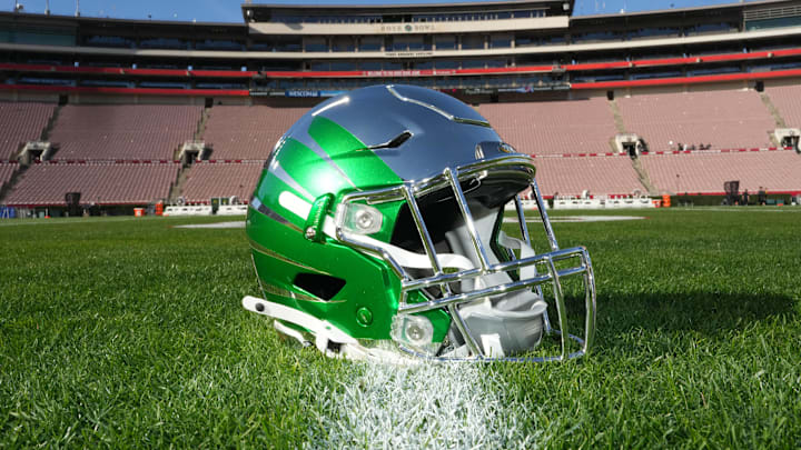 Jan 1, 2025; Pasadena, California, USA; An Oregon Ducks helmet on the field at Rose Bowl Stadium. Mandatory Credit: Kirby Lee-Imagn Images